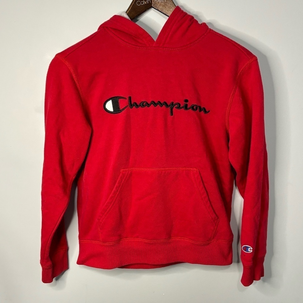 Red Champion Pullover Hooded Sweatshirt - Size Kids M - Cozy & Casual Warm